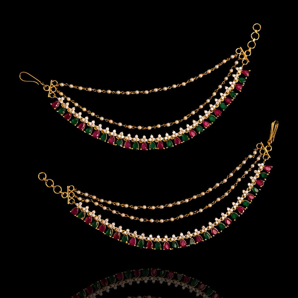 3 Layer Bridal Champaswaralu/Ear Chains Design with Gold Polish