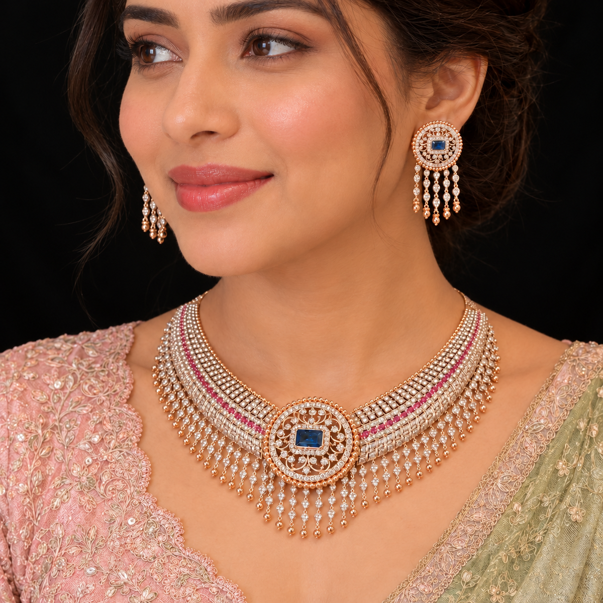 Royal Blue Stone CZ Bridal Choker Necklace + Earrings with Pink Accents