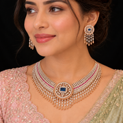 Royal Blue Stone CZ Bridal Choker Necklace + Earrings with Pink Accents
