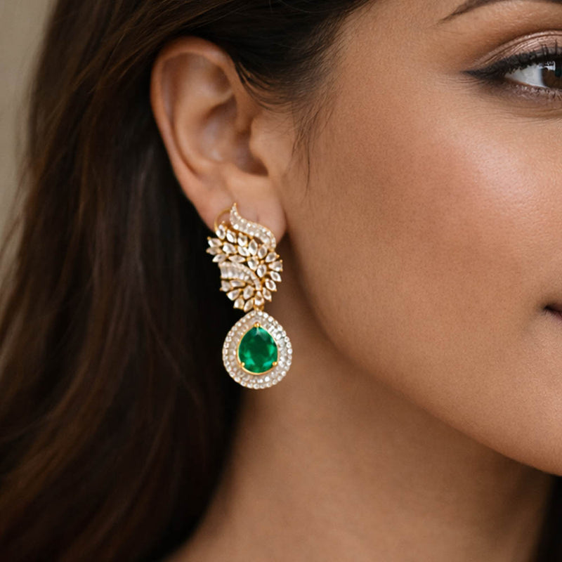 Emerald Diamond Drop Earrings in 925 Silver Gold Polish
