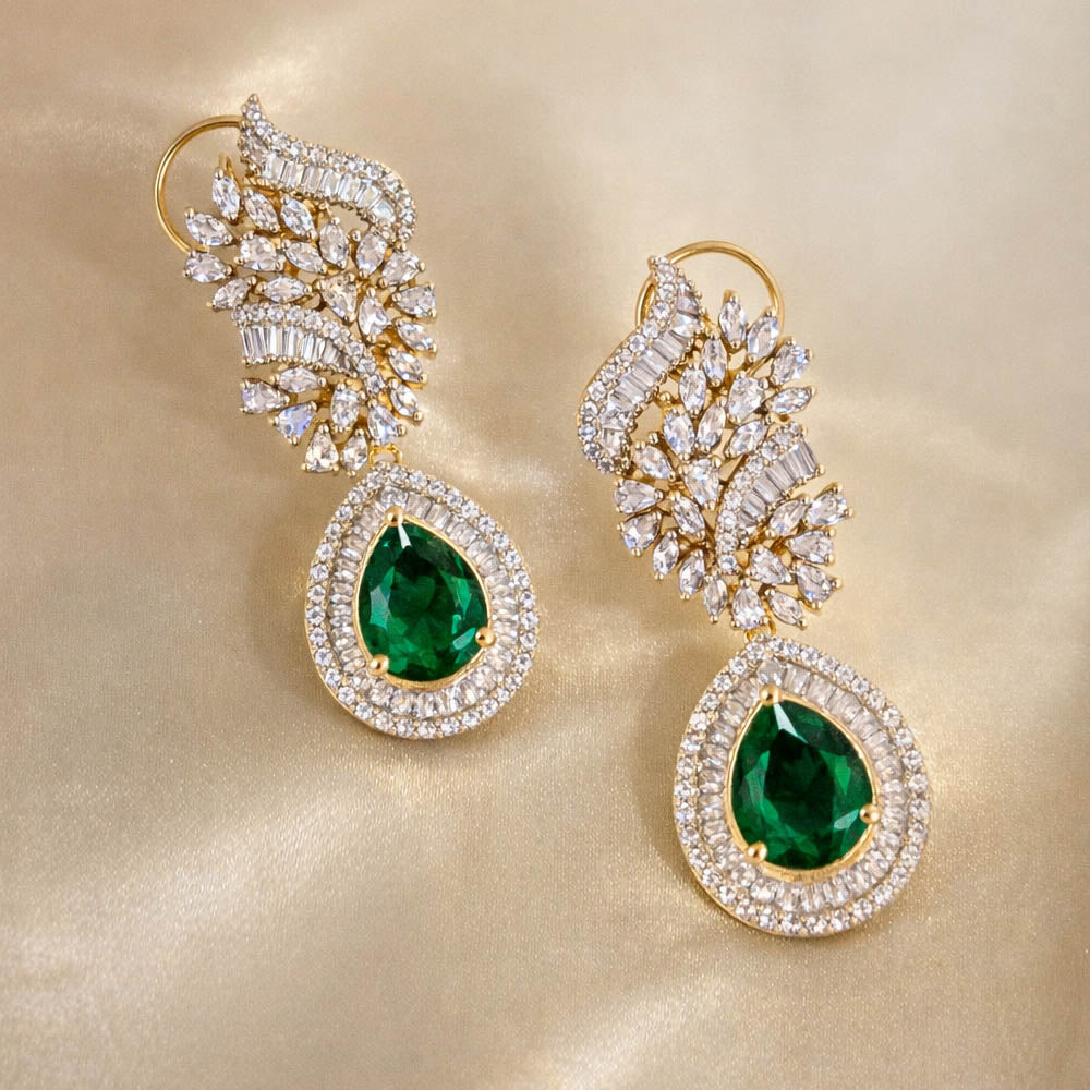 Emerald Diamond Drop Earrings in 925 Silver Gold Polish