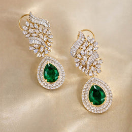 Emerald Diamond Drop Earrings in 925 Silver Gold Polish
