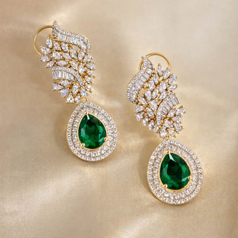 Emerald Diamond Drop Earrings in 925 Silver Gold Polish