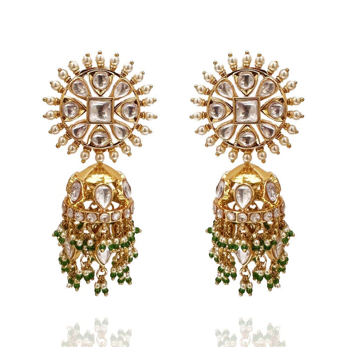 Emerald Elegance- Polki Jhumka Earrings with Green Drops