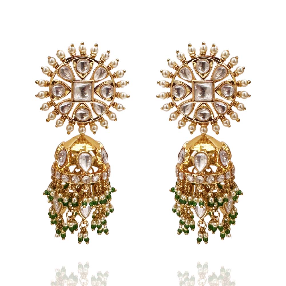 Emerald Elegance- Polki Jhumka Earrings with Green Drops
