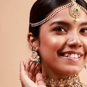 Emerald Green Polki Look Drop Earrings with Pearls in Gold Polish Design