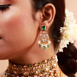 Emerald Green Polki Look Drop Earrings with Pearls in Gold Polish Design