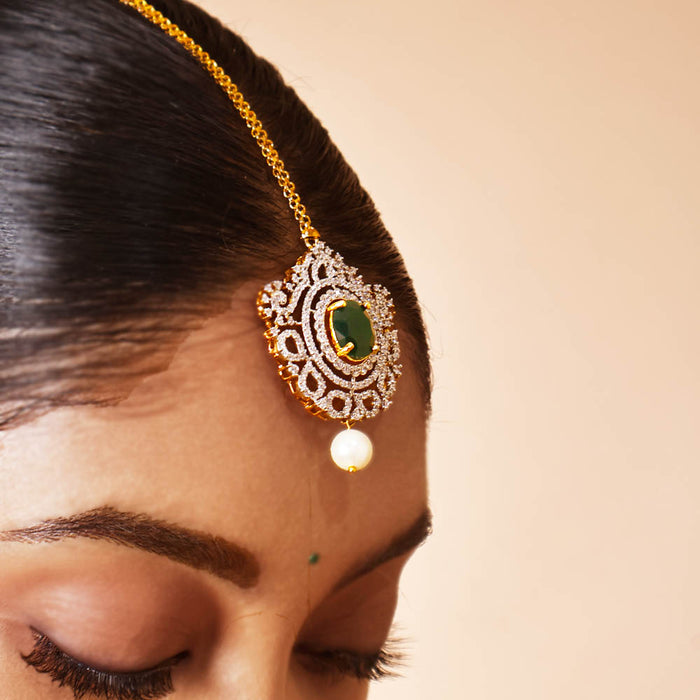 Emerald & CZ Diamond Mangtikka with Pearl Drop - Exquisite Elegance

