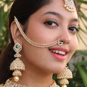 Emerald Diamond Look Nose Ring with Bridal Chain in Silver
