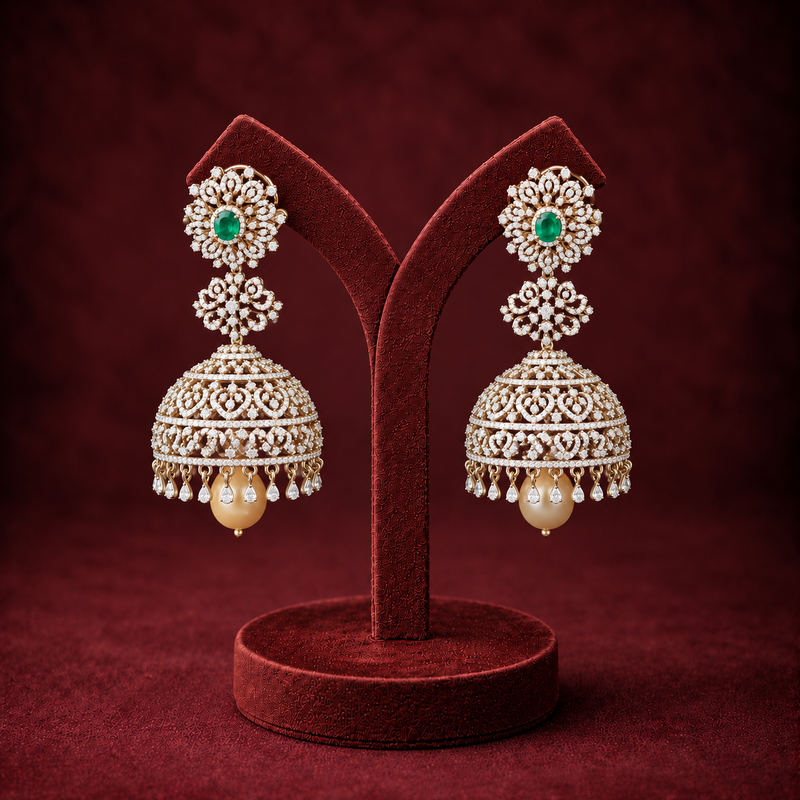 Emerald Green Diamond Look Gold Polish Jhumka Earrings with Pearls