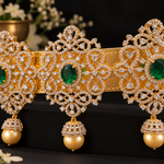 Emerald Green Stone &amp; Diamond Look Gold Polish Vaddanam Waist Belt