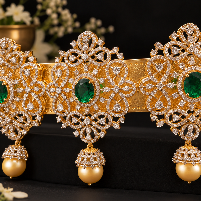 Emerald Green Stone & Diamond Look Gold Polish Vaddanam Waist Belt
