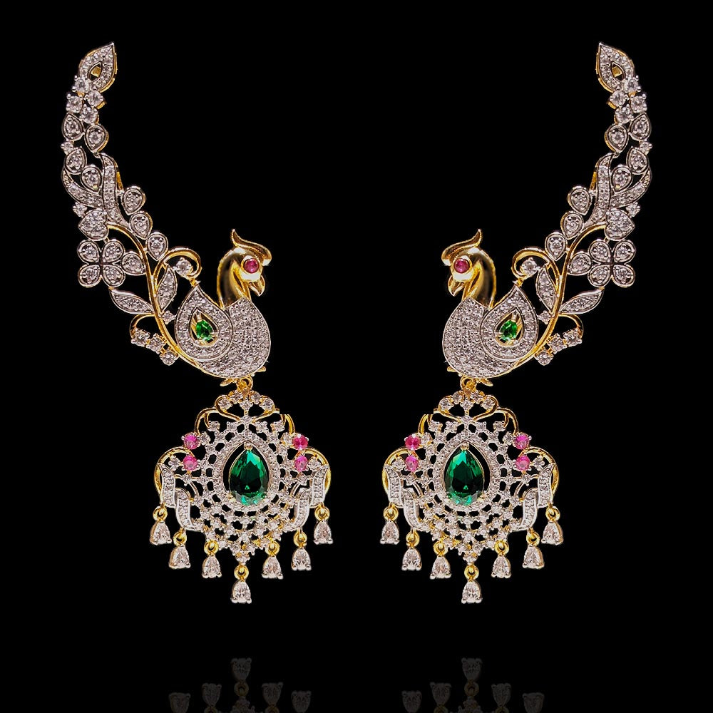Enchanting Peacock Ear Cuffs Design with Statement Emerald Drops