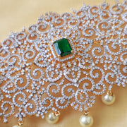 Exquisite Diamond Look Emerald Bridal Vaddanam with Pearl Drops