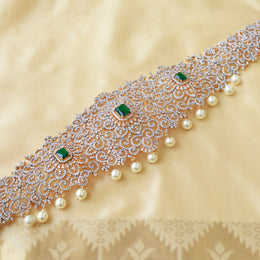 Exquisite Diamond Look Emerald Bridal Vaddanam with Pearl Drops