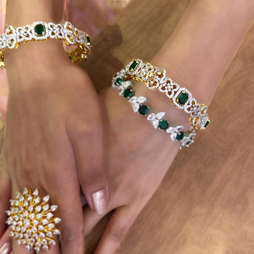 Exquisite South Indian Bridal CZ Diamond & Emerald Bangle
