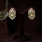 South Indian Ruby Emerald CZ Polki Pearl Drop Earrings in 925 Silver