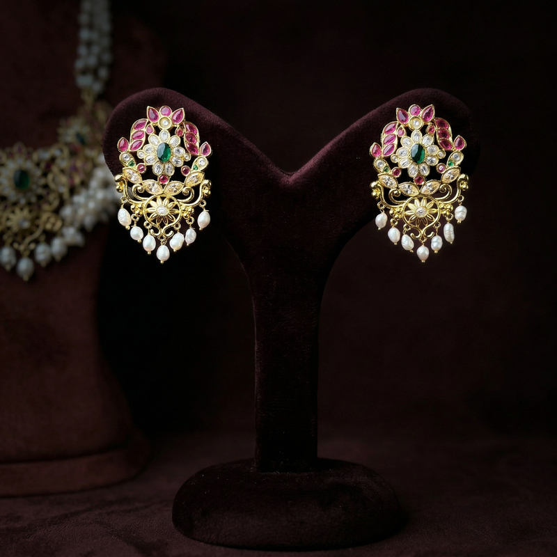 South Indian Ruby Emerald CZ Polki Pearl Drop Earrings in 925 Silver