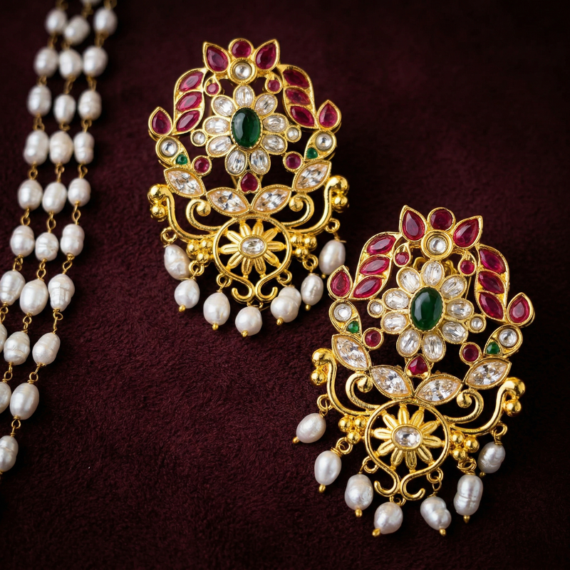 South Indian Ruby Emerald CZ Polki Pearl Drop Earrings in 925 Silver