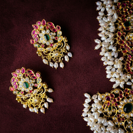 South Indian Ruby Emerald CZ Polki Pearl Drop Earrings in 925 Silver