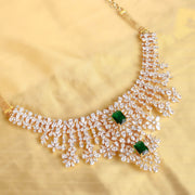 Floral CZ Diamond Short Necklace with Emerald Green Stone Accents