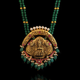 Glorious Nakshi Pendant Necklace in Temple Design with Green Beads