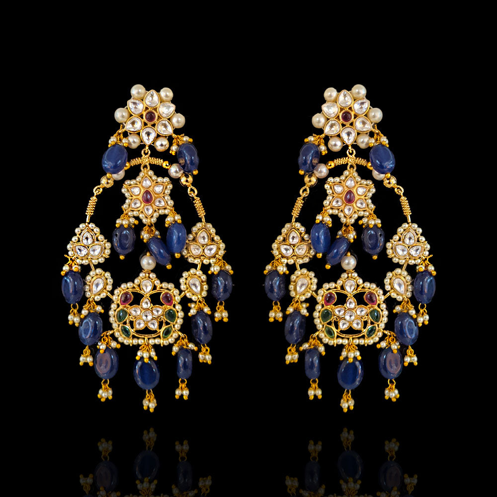 Gold Plated Blue Bead Polki Look Earrings Design