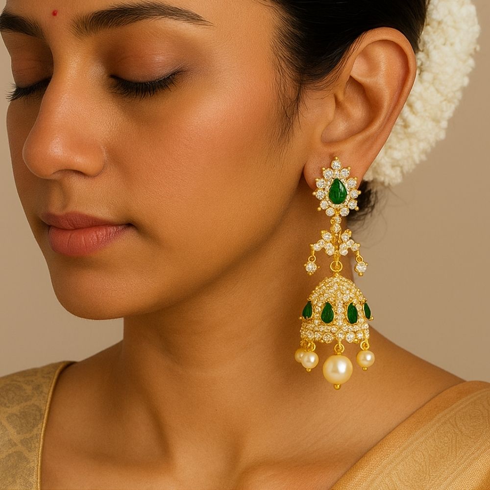 Gold Plated Bridal Jhumkas with Emerald Tear Drops