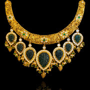 Gold Plated Hasli Choker Necklace with Carved Emeralds