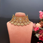 Gold Plated Polki Studded Polki Kundan Choker Necklace + Earrings + Bangle Set