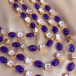 Gold Plated Purple Bead and Polki Look Layered Silver Necklace