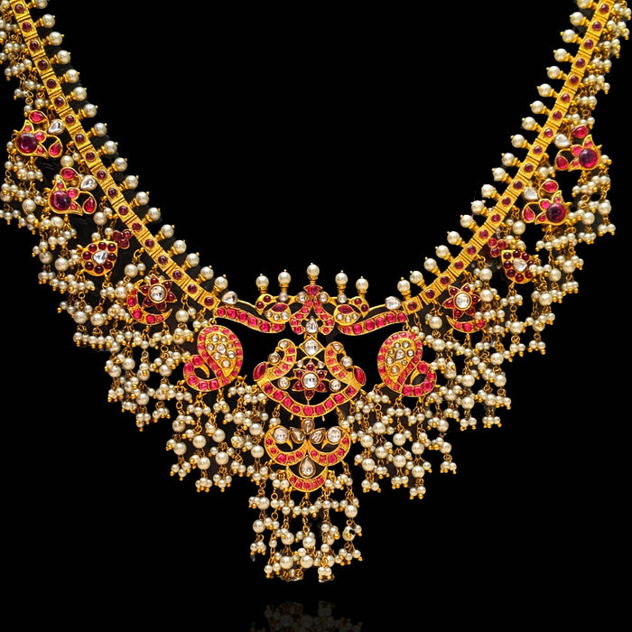 Gold Plated Silver Necklace With Texture Bird Motifs & Rice Pearl Drop