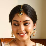 Gold Plated Green Polki Look Bridal Maang Tikka with Hanging Beads