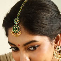 Gold Plated Green Polki Look Bridal Maang Tikka with Hanging Beads
