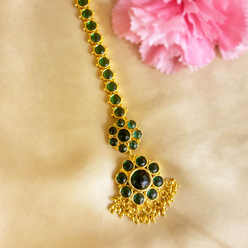 Gold Plated Green Polki Look Bridal Maang Tikka with Hanging Beads