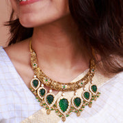Gold Plated Hasli Choker Necklace with Carved Emeralds
