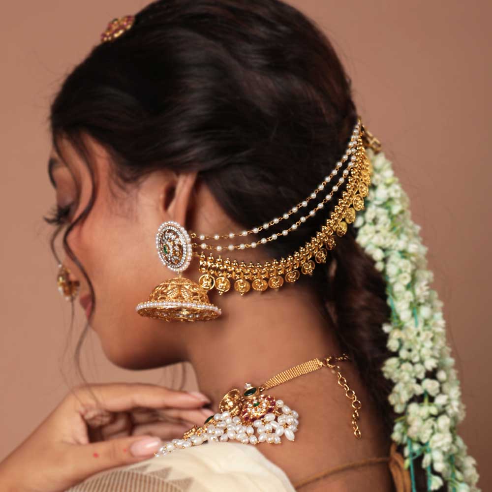Gold Plated Peacock Kasu Ear Chain (Matilu) Design