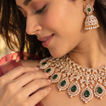 Emerald Diamond Look Pearl Choker Necklace + Earrings Set in Gold Polish