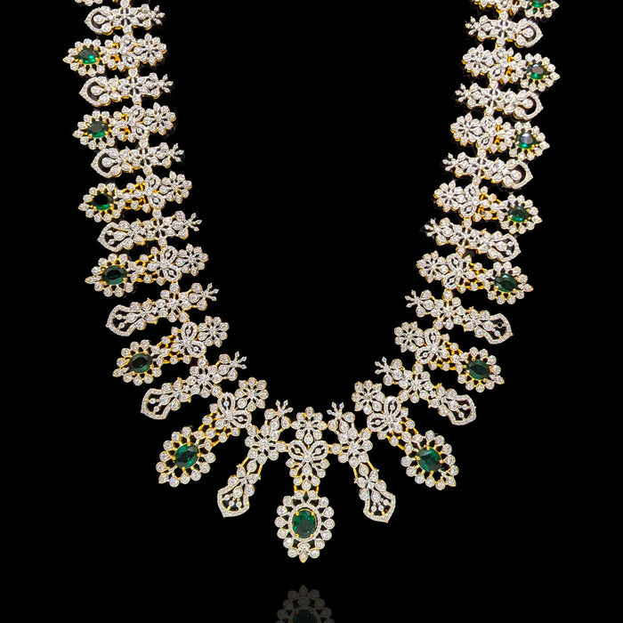Graceful Bridal Long Haram Necklace with Diamond Emerald Look Stones