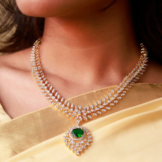 Set - Graceful Emerald Pendant CZ Diamond Look Necklace + Earrings
