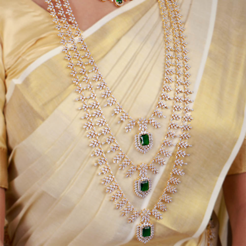Grand Emerald CZ Diamond Look 3-Layer Bridal Haram in 18K Gold Plated Silver
