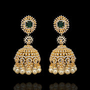 Grand Emerald Square Top Jhumka Earrings with Pearl Drops