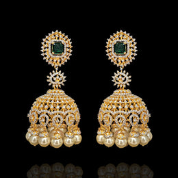 Grand Emerald Square Top Jhumka Earrings with Pearl Drops
