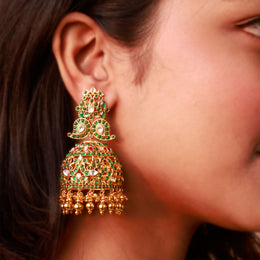 Grand Polki Kundan Emerald Jhumka Earrings with Gold Bead Drops