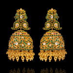 Grand Polki Kundan Emerald Jhumka Earrings with Gold Bead Drops