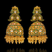Grand Polki Kundan Emerald Jhumka Earrings with Gold Bead Drops