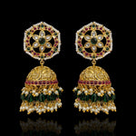 Grand Polki Kundan Ruby Emerald Pearl Jhumka Earrings in 92.5 Silver with Gold Polish