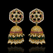 Grand Polki Kundan Ruby Emerald Pearl Jhumka Earrings in 92.5 Silver with Gold Polish