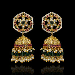 Grand Polki Kundan Ruby Emerald Pearl Jhumka Earrings in 92.5 Silver with Gold Polish