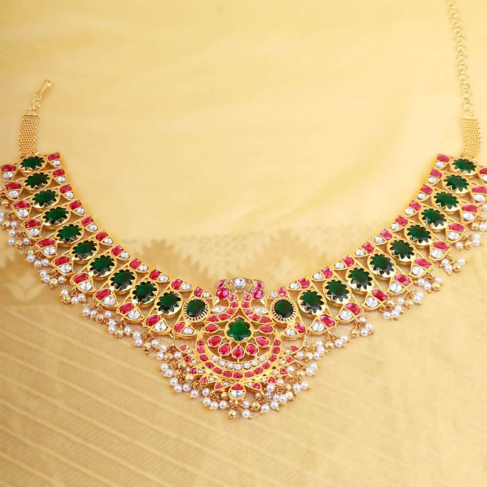 Ruby Emerald Polki Look Necklace with Pearls in Gold Finish – Sneha ...